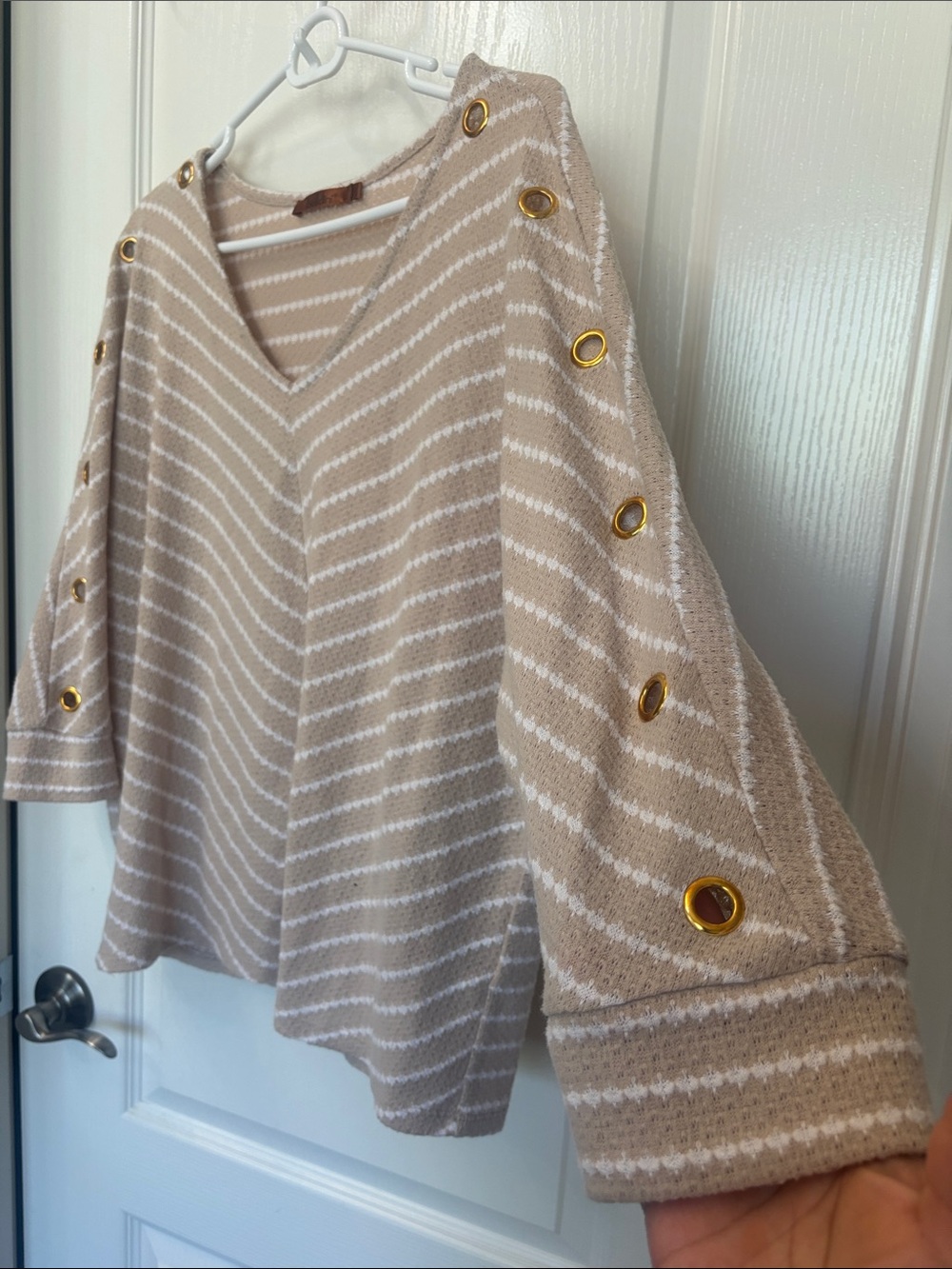 Belldini Beige Striped V‑Neck Sweater with Gold Button Trim